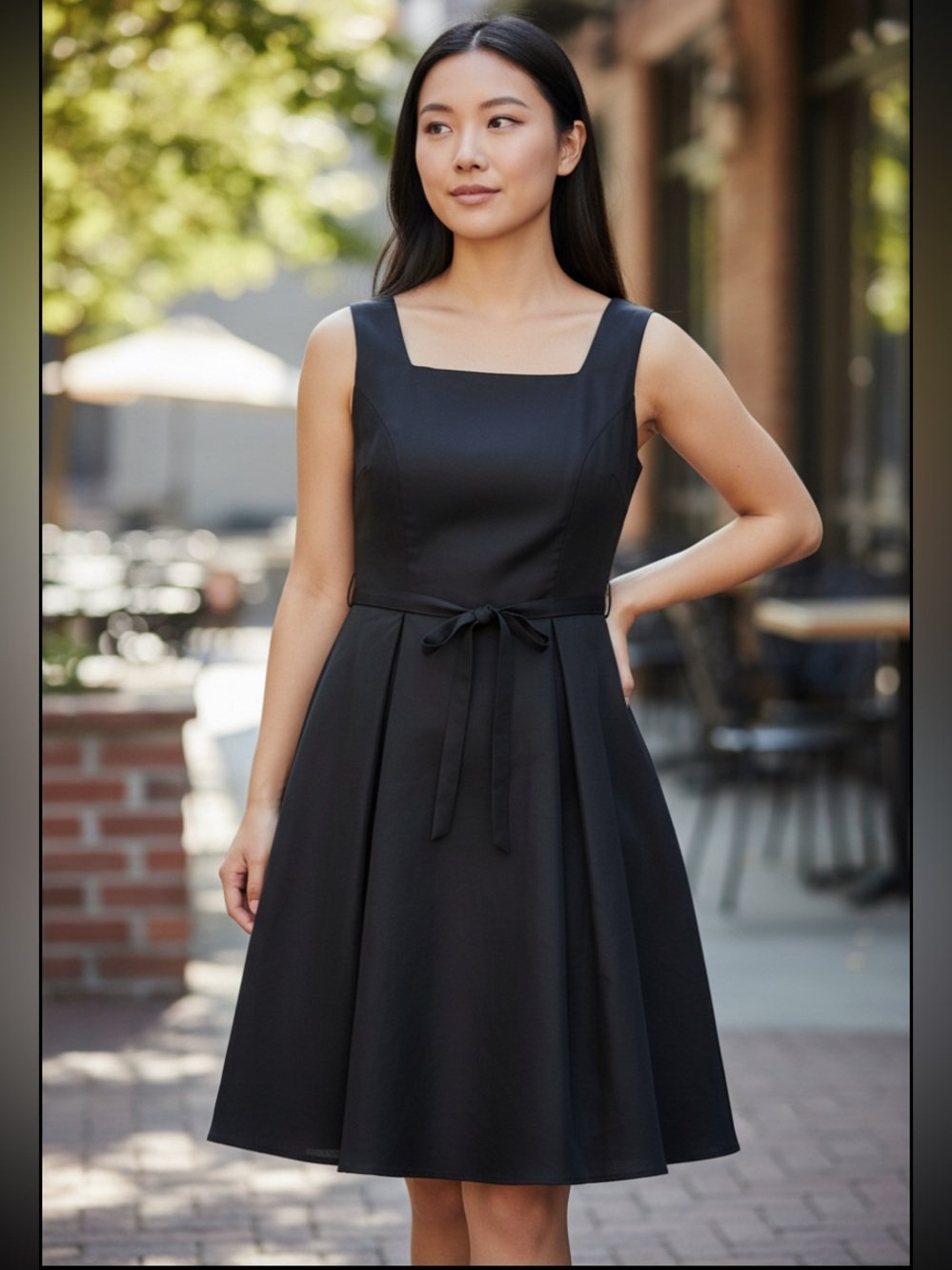 Black Sleeveless Fit and Flare Bow-tie dress, square neck cute mini dress